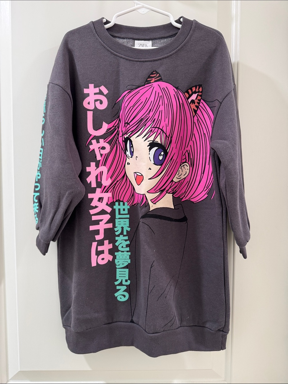 Zara Girls Charcoal Sweatshirt with Pink Anime Girl Graphic Anya